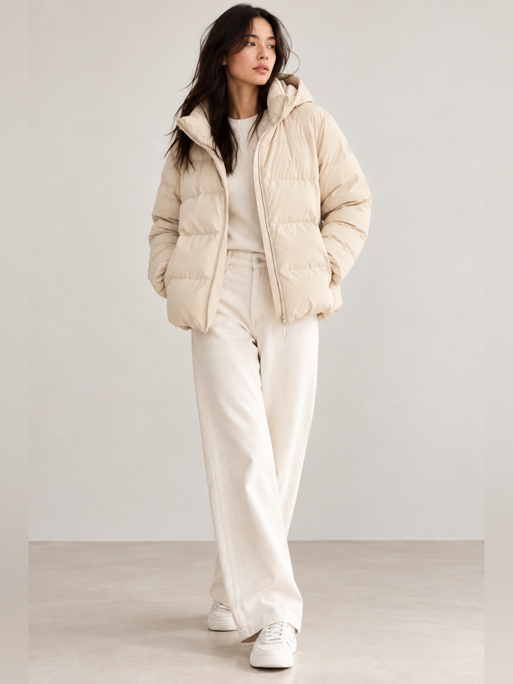 Uniqlo Puffer Jacket Size M Beige Hooded Lightweight Quilted Coat